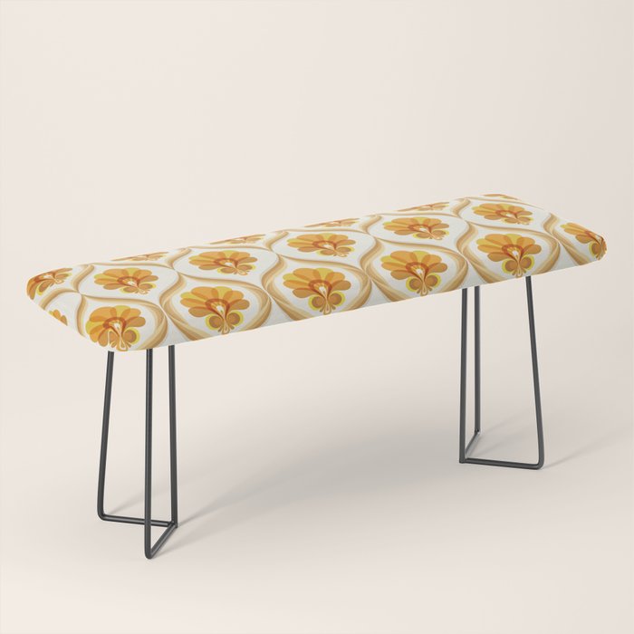 Ivory, Orange, Yellow And Brown Floral Retro Vintage Pattern Bench