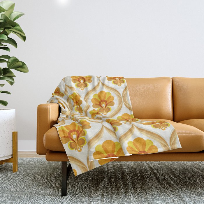 Ivory, Orange, Yellow And Brown Floral Retro Vintage Pattern Throw Blanket