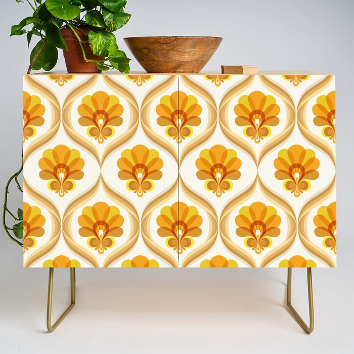Ivory, Orange, Yellow And Brown Floral Retro Vintage Pattern Credenza