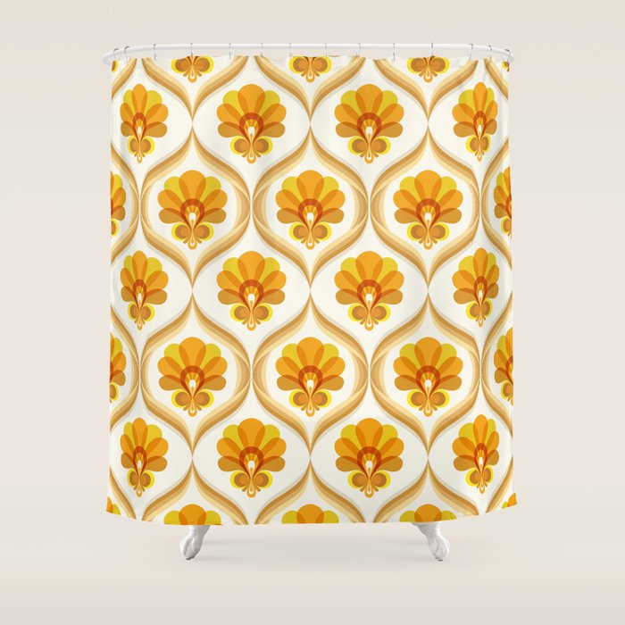 Ivory, Orange, Yellow And Brown Floral Retro Vintage Pattern Shower Curtain