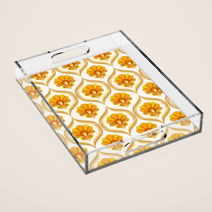 Ivory, Orange, Yellow And Brown Floral Retro Vintage Pattern Acrylic Tray