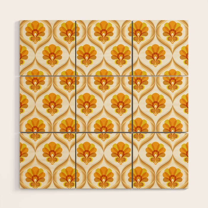 Ivory, Orange, Yellow And Brown Floral Retro Vintage Pattern Wood Wall Art