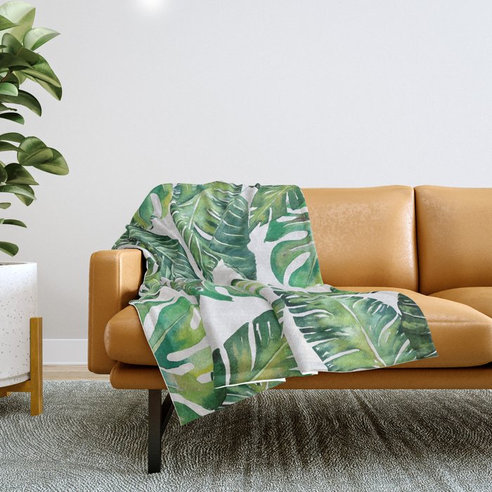 Jungle Leaves, Banana, Monstera #Homestorie Throw Blanket