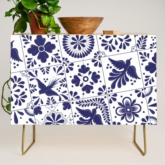 Mexican Talavera Blue Tiles Pattern By Akbaly Credenza