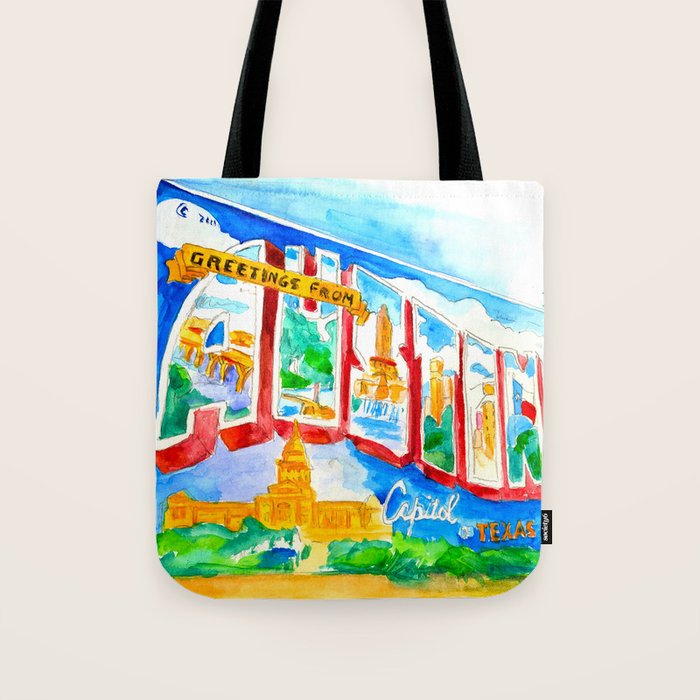 Greetings From Austin Mural Watercolor Tote Bag