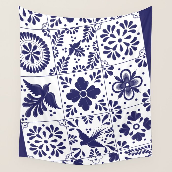 Mexican Talavera Blue Tiles Pattern By Akbaly Wall Tapestry