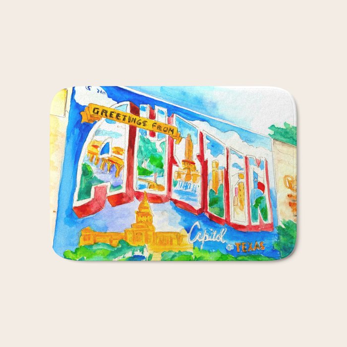 Greetings From Austin Mural Watercolor Bath Mat