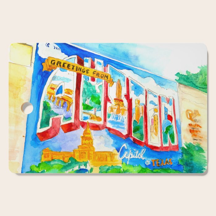 Greetings From Austin Mural Watercolor Cutting Board