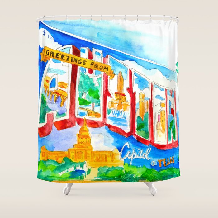 Greetings From Austin Mural Watercolor Shower Curtain