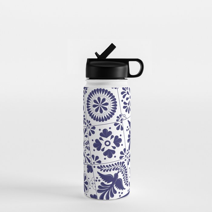 Mexican Talavera Blue Tiles Pattern By Akbaly Water Bottle
