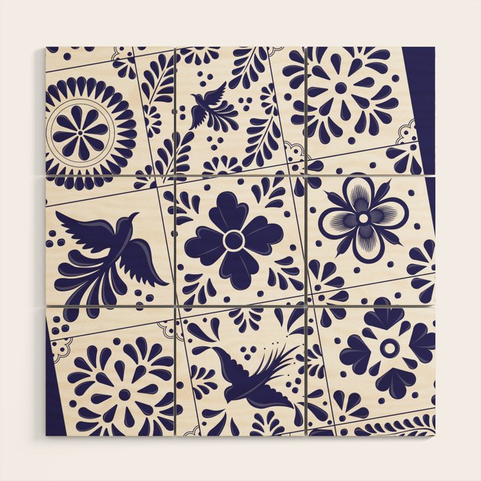 Mexican Talavera Blue Tiles Pattern By Akbaly Wood Wall Art