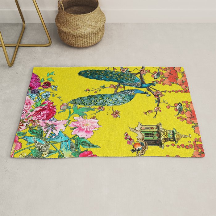 Vintage Oriental Peacocks, Peonies, Birds & Pagodas Print Rug