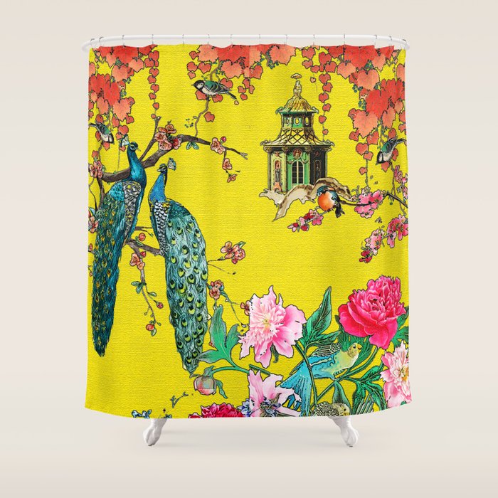 Vintage Oriental Peacocks, Peonies, Birds & Pagodas Print Shower Curtain