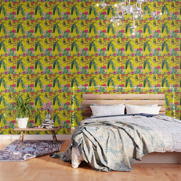 Vintage Oriental Peacocks, Peonies, Birds & Pagodas Print Wallpaper