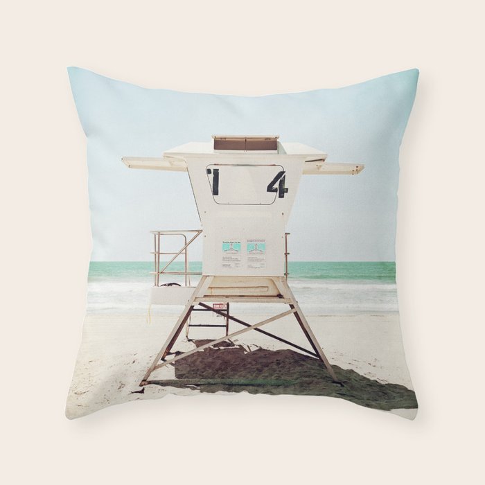 Lifeguard Stand, Beach Photography, San Diego California, Blue Aqua Seashore Ocean Summer Art Throw Pillow