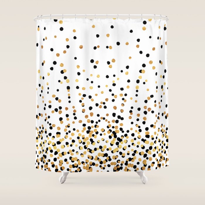 Floating Dots - Black And Gold On White Shower Curtain