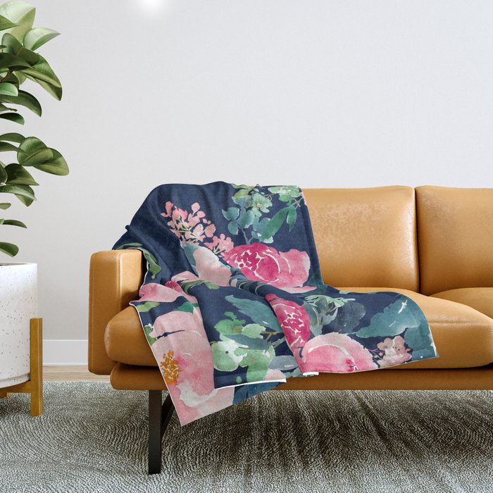 Navy And Pink Watercolor Peony Throw Blanket