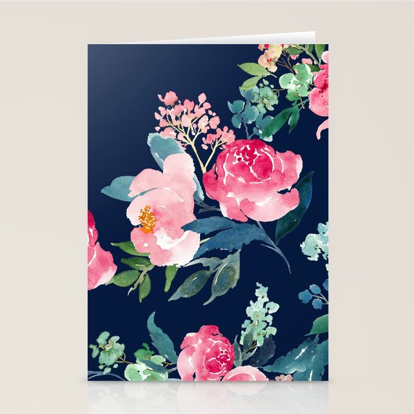 Navy And Pink Watercolor Peony Stationery Card