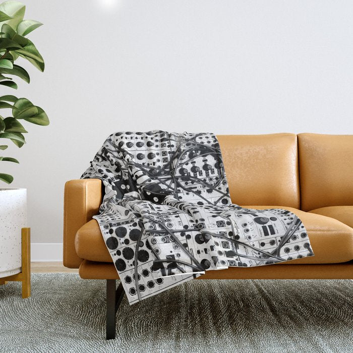 Analog Synthesizer System - Modular Black And White Throw Blanket