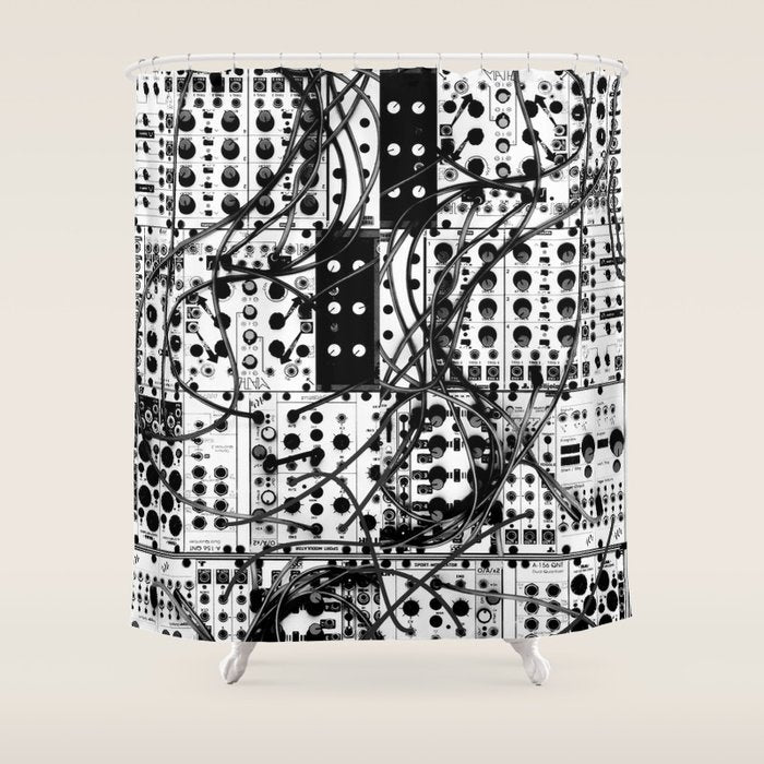 Analog Synthesizer System - Modular Black And White Shower Curtain