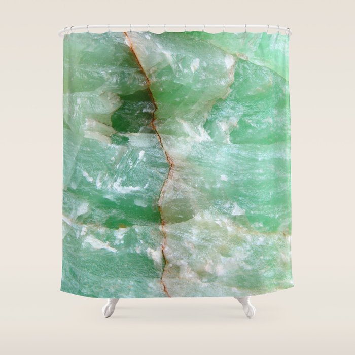 Crystalized Pale Green Quartz Slab With Copper Vein Shower Curtain