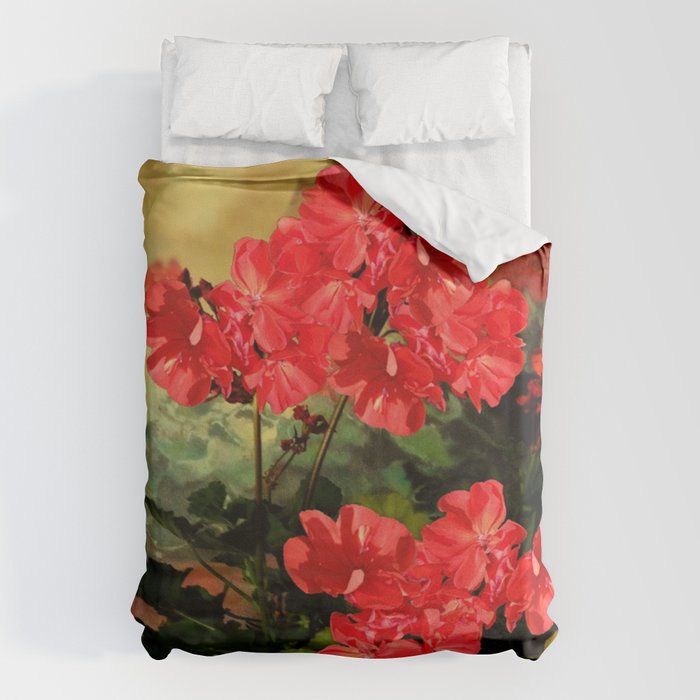 Decorative Red Geraniums  Floral Still Life Art Duvet Cover