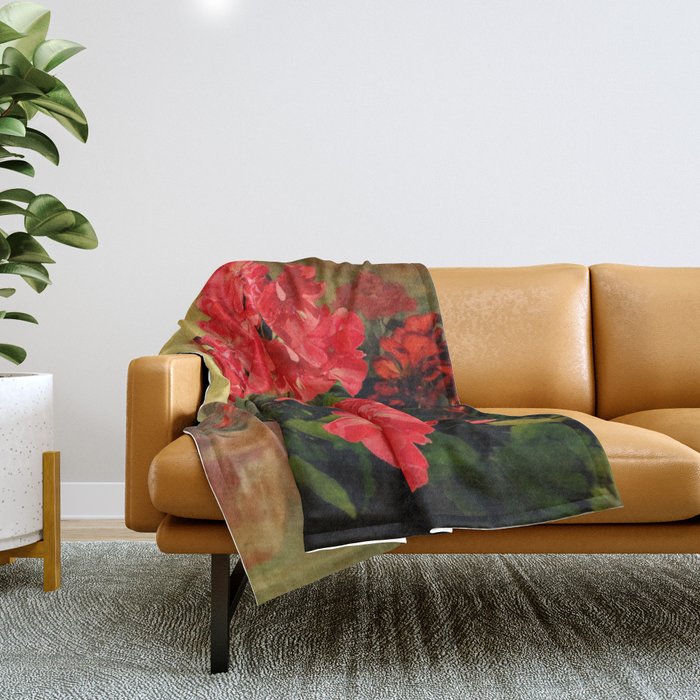 Decorative Red Geraniums  Floral Still Life Art Throw Blanket