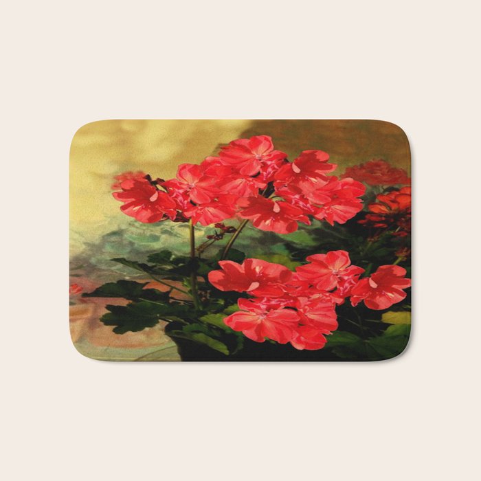 Decorative Red Geraniums  Floral Still Life Art Bath Mat
