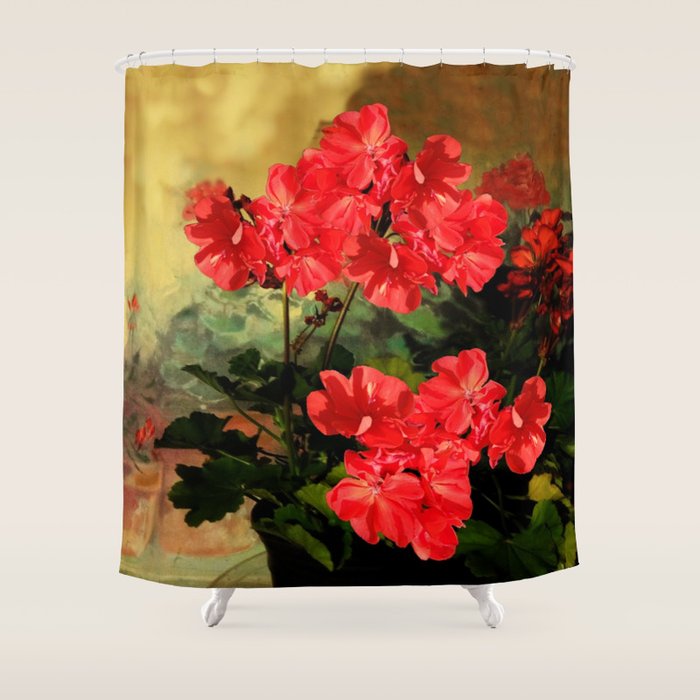 Decorative Red Geraniums  Floral Still Life Art Shower Curtain