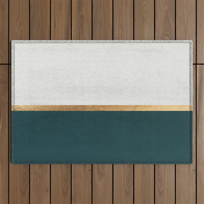 Deep Green, Gold And White Color Block Outdoor Rug