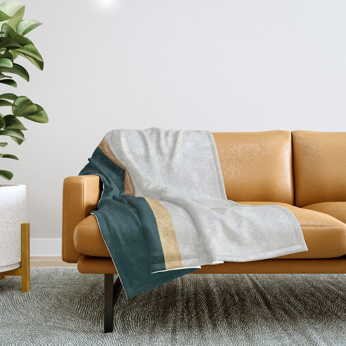 Deep Green, Gold And White Color Block Throw Blanket