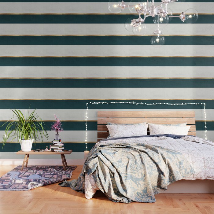 Deep Green, Gold And White Color Block Wallpaper