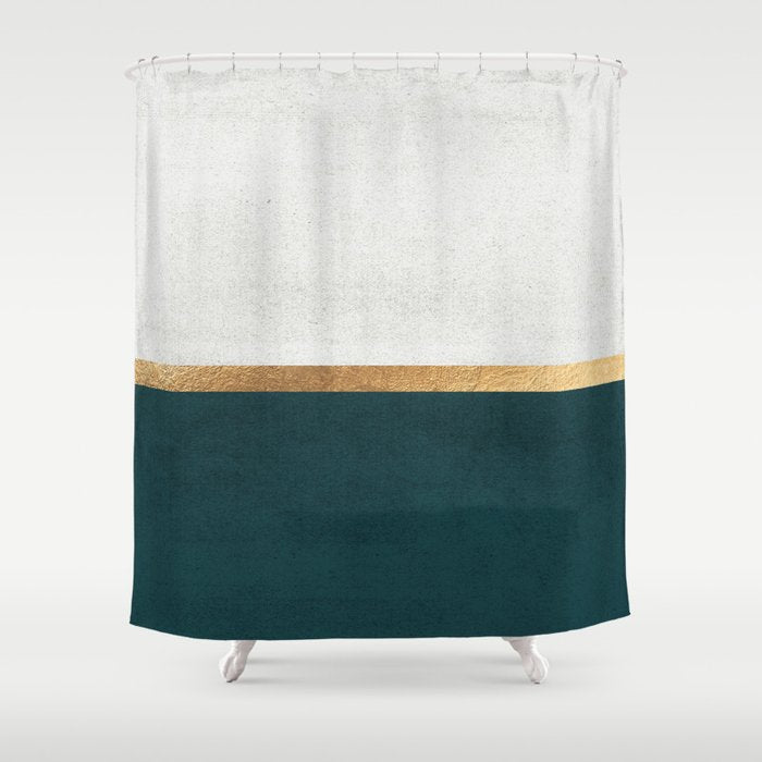 Deep Green, Gold And White Color Block Shower Curtain