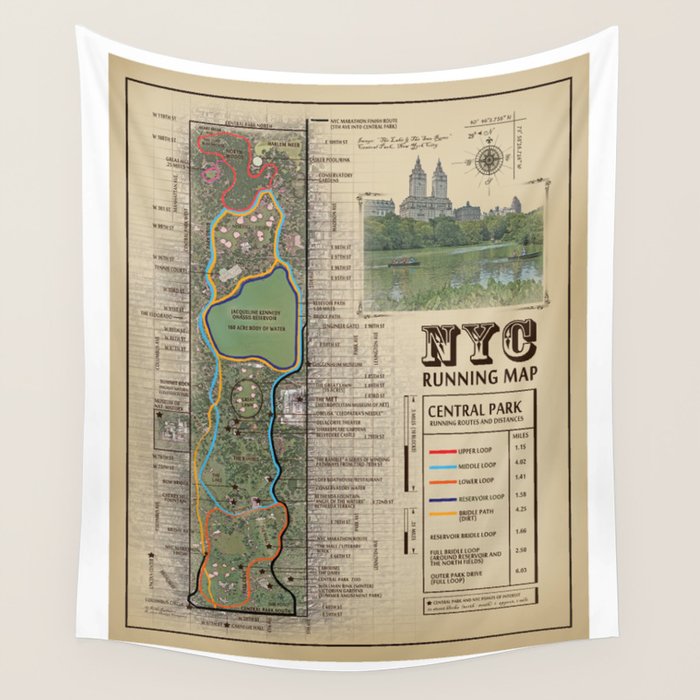 Nyc'S Central Park [Vintage Inspired] "San Remo" Running Route Map Wall Tapestry