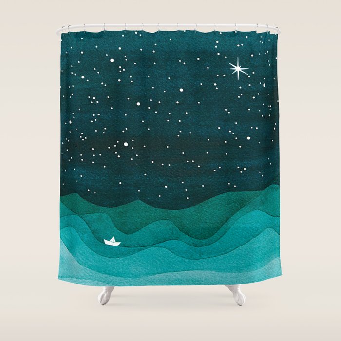 Starry Ocean, Teal Sailboat Watercolor Sea Waves Night Shower Curtain