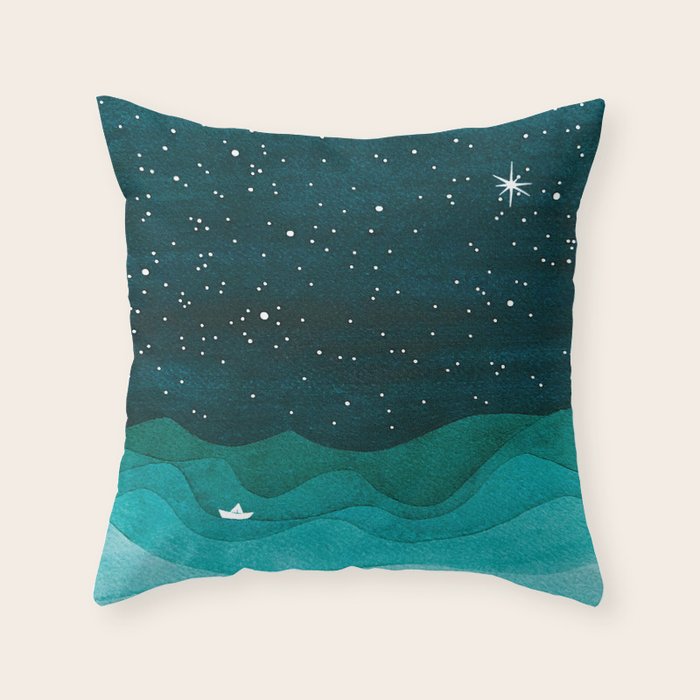 Starry Ocean, Teal Sailboat Watercolor Sea Waves Night Throw Pillow
