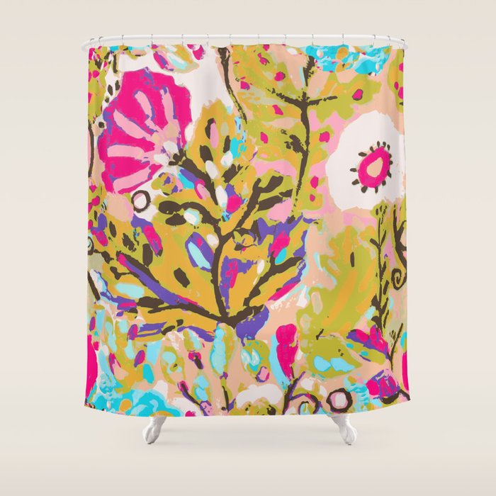 Bohemian Pink Abstract Flowers By Karen Fields Shower Curtain