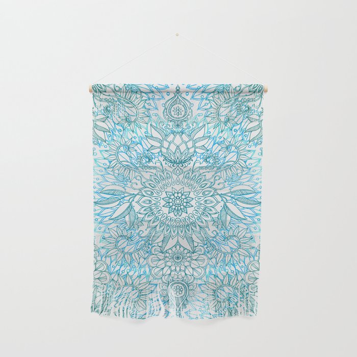 Turquoise Blue, Teal & White Protea Doodle Pattern Wall Hanging