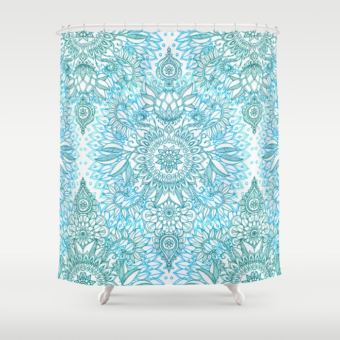 Turquoise Blue, Teal & White Protea Doodle Pattern Shower Curtain