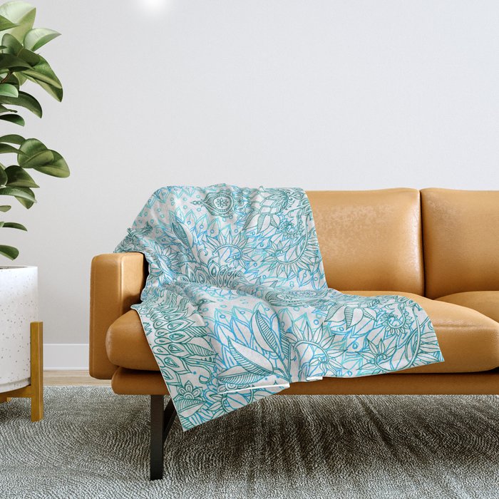 Turquoise Blue, Teal & White Protea Doodle Pattern Throw Blanket