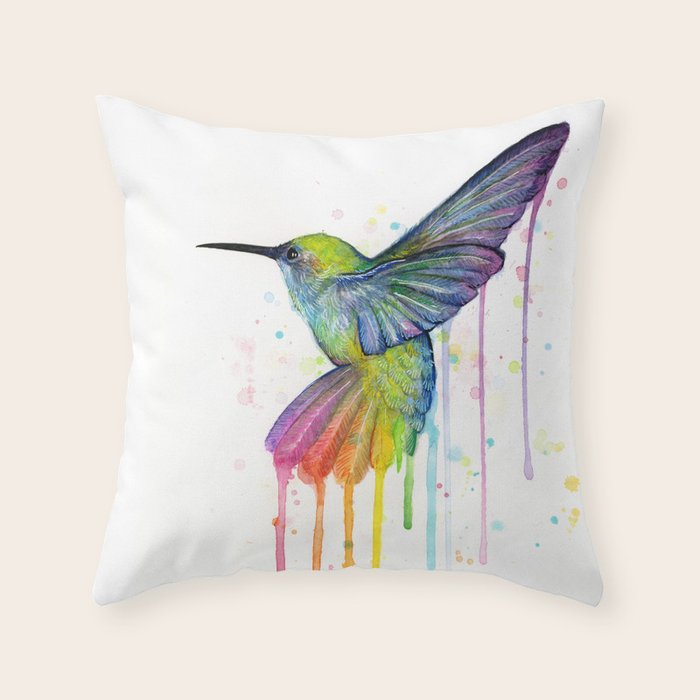 Hummingbird Rainbow Watercolor Throw Pillow