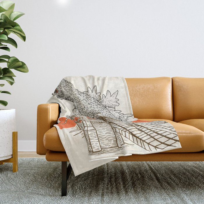 Godzilla Vs. The Brooklyn Bridge Throw Blanket