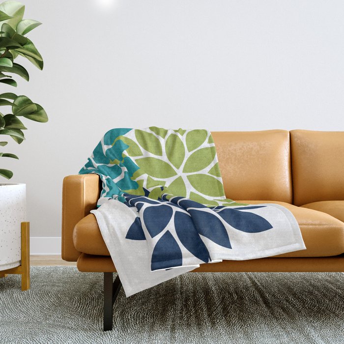Bold Colorful Teal Green Navy Dahlia Flower Burst Petals Throw Blanket
