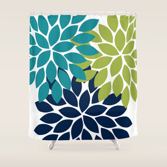 Bold Colorful Teal Green Navy Dahlia Flower Burst Petals Shower Curtain