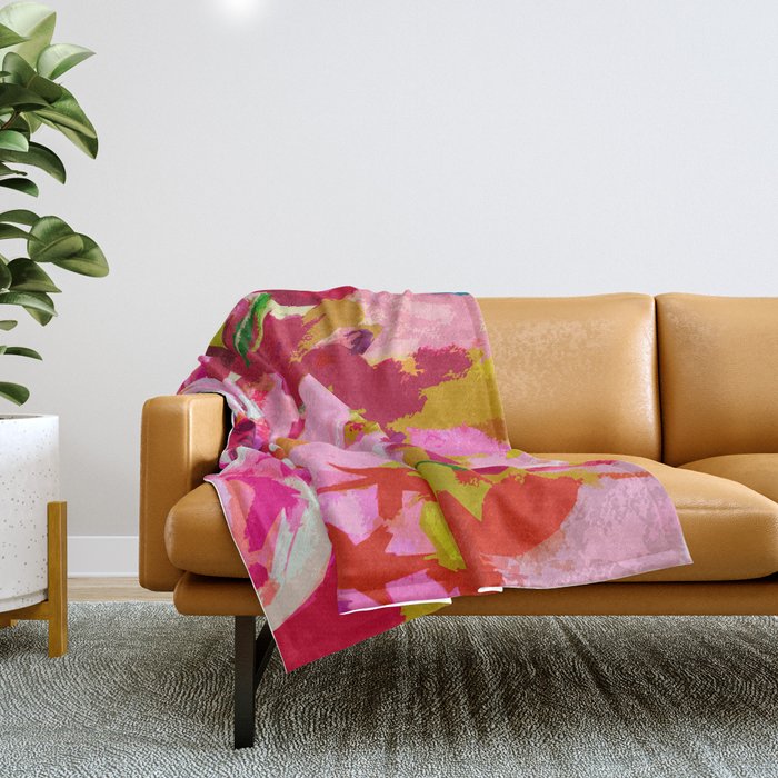 Abstracted Flower Painting In Hot Pink, Red, Spring Green Throw Blanket