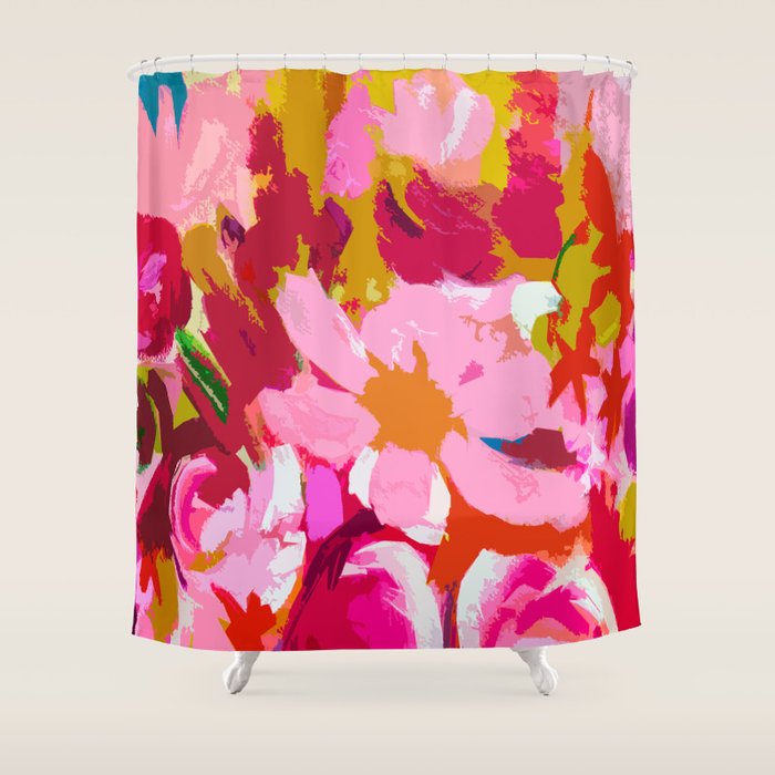Abstracted Flower Painting In Hot Pink, Red, Spring Green Shower Curtain