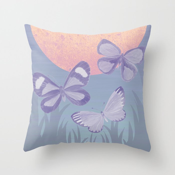 Moonrise Meadow Butterflies Throw Pillow