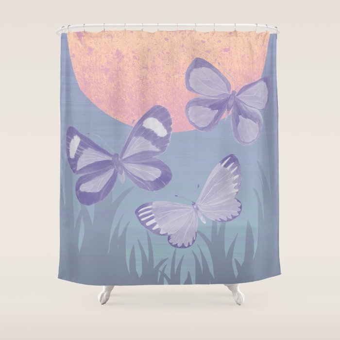 Moonrise Meadow Butterflies Shower Curtain