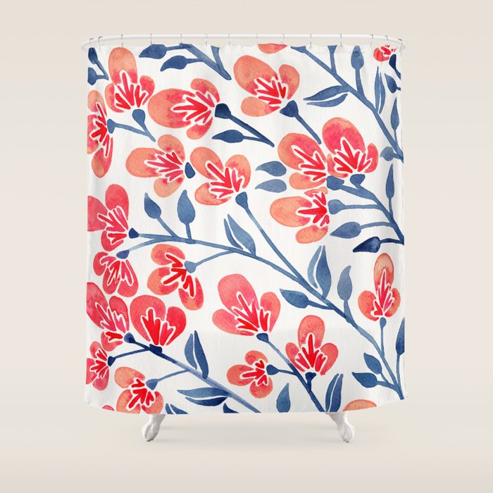 Cherry Blossoms - Melon & Navy Palette Shower Curtain