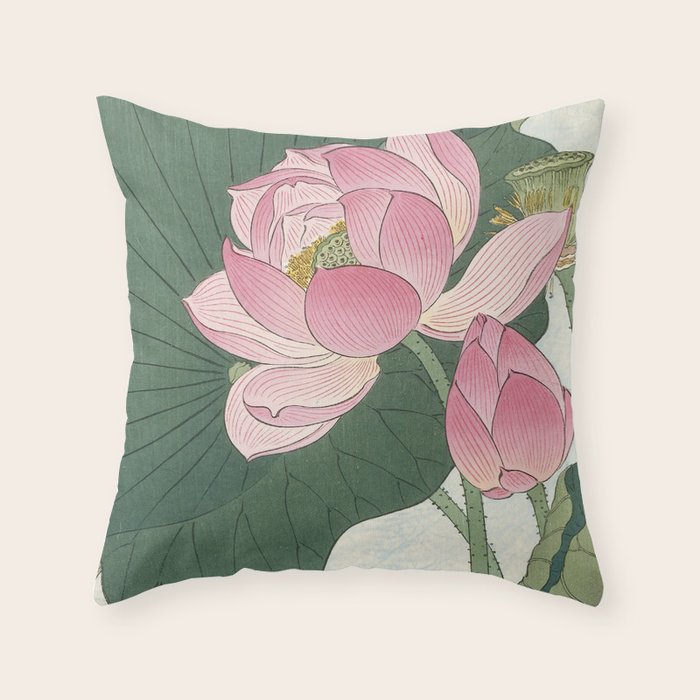 Flowering Lotus Flowers, Ohara Koson Throw Pillow